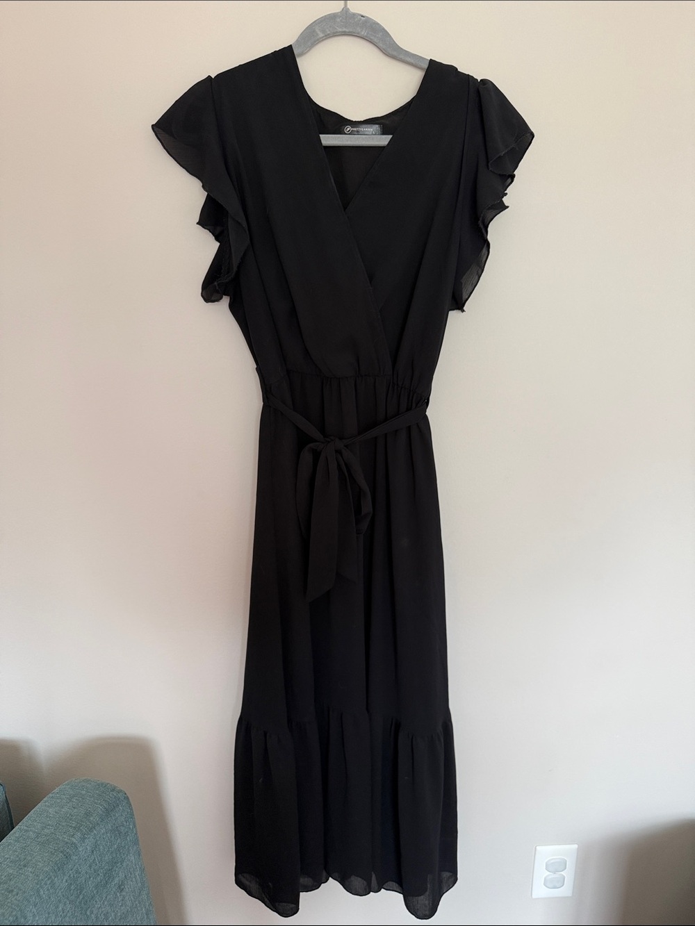 Black Flutter Sleeve Wrap Maxi Dress